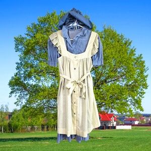 HANDMADE VINTAGE 3 PC. BLUE WHITE GIRLS PRAIRIE DRESS WITH BONNET AND BAG